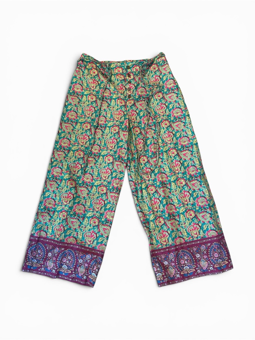 Sundance  Bangle Teal purple Floral Road Wide Leg Boho Pant L Cotton